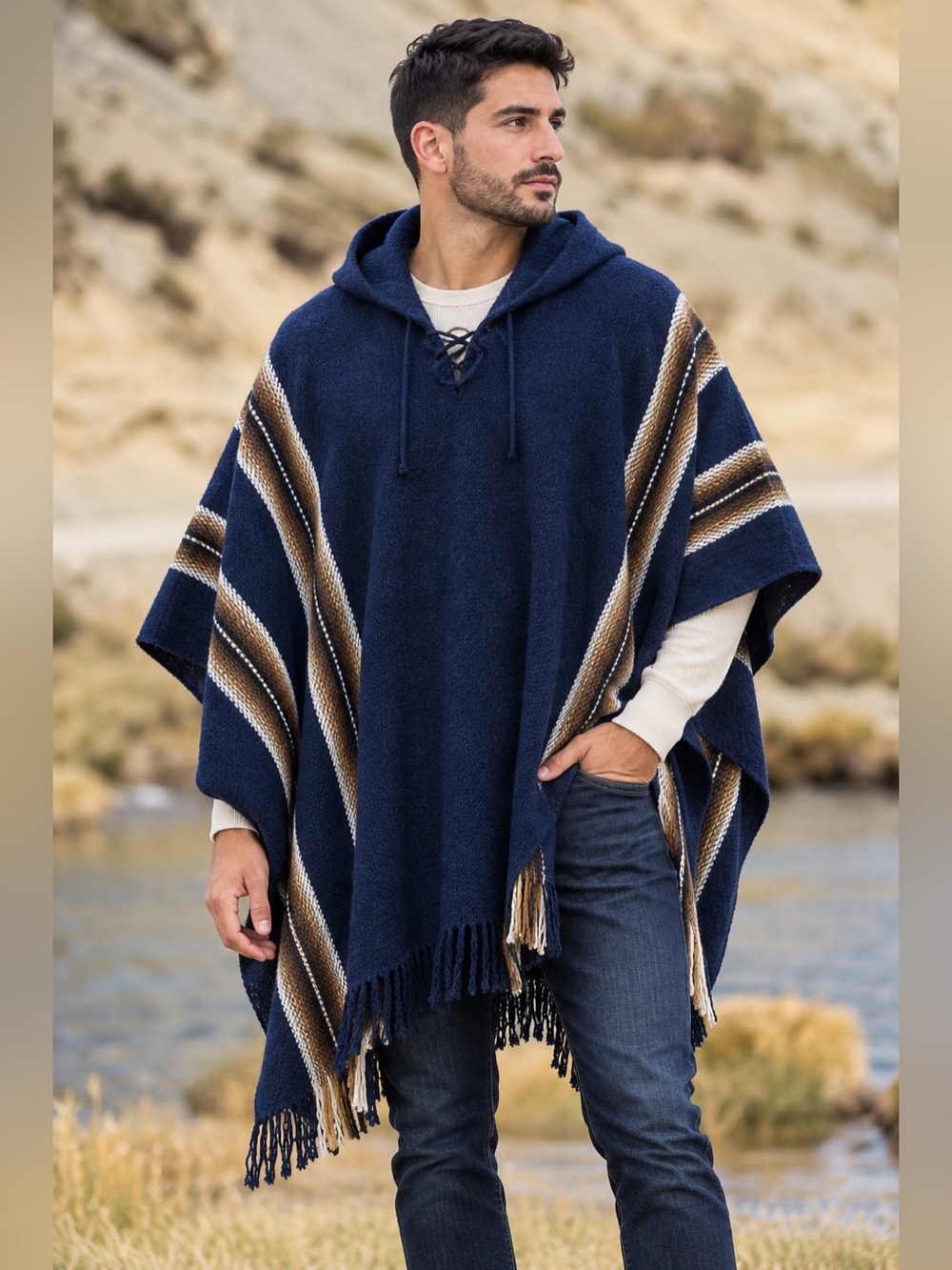 GAMBOA Men’s Blue Alpaca Wool Hooded Poncho Striped Fringe Made in Peru